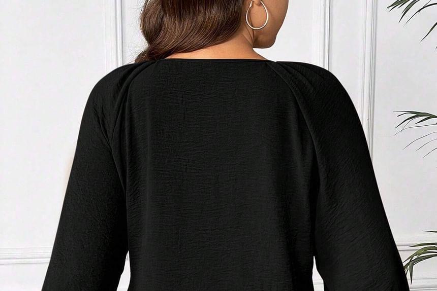 Plus Size Long-Sleeve V-Neck Plain Blouse Product Image