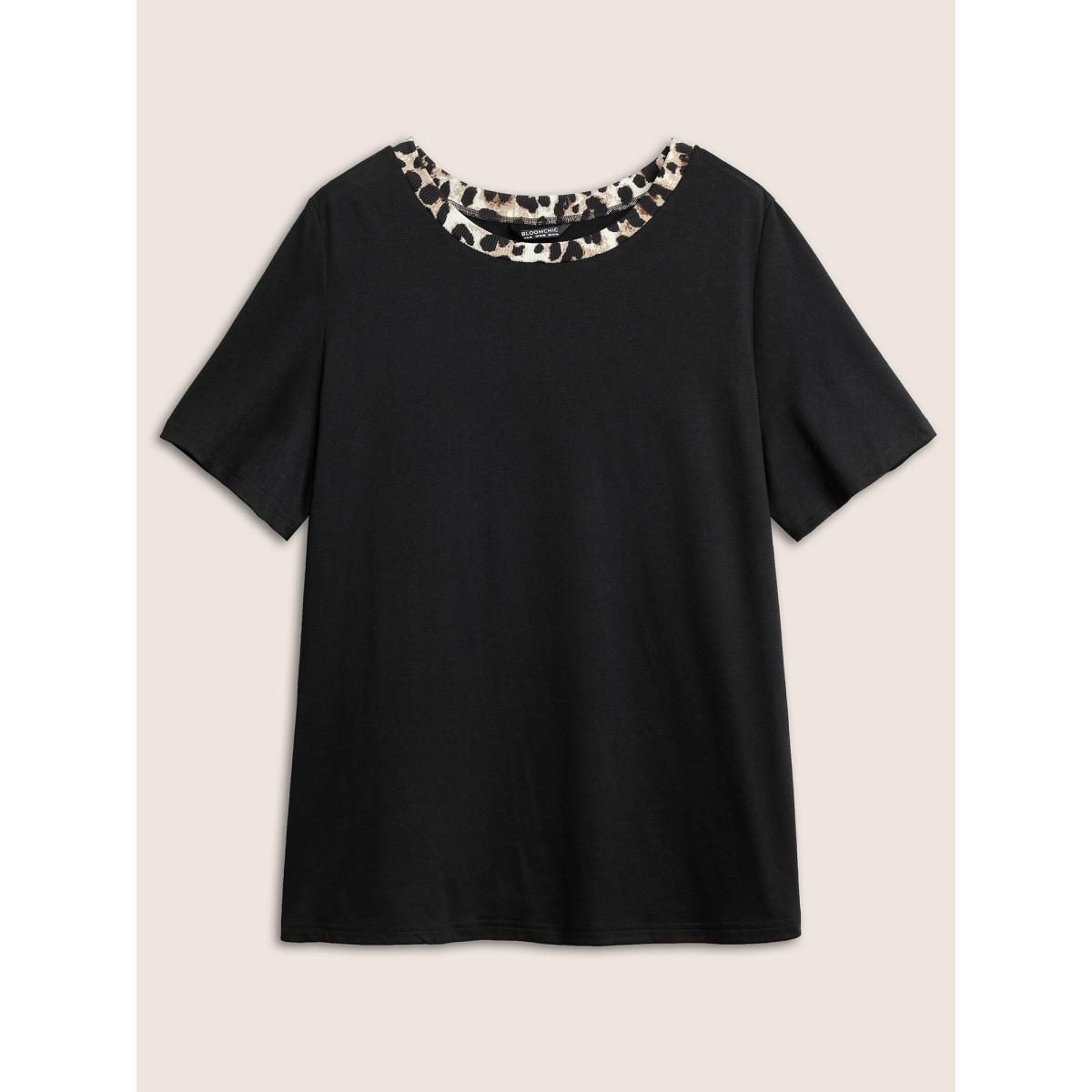 Plus Size Round Neck Leopard Print Patchwork T-shirt Black Women Casual Patchwork Leopard Round Neck Everyday T-shirts BloomChic 14-16/1X Product Image