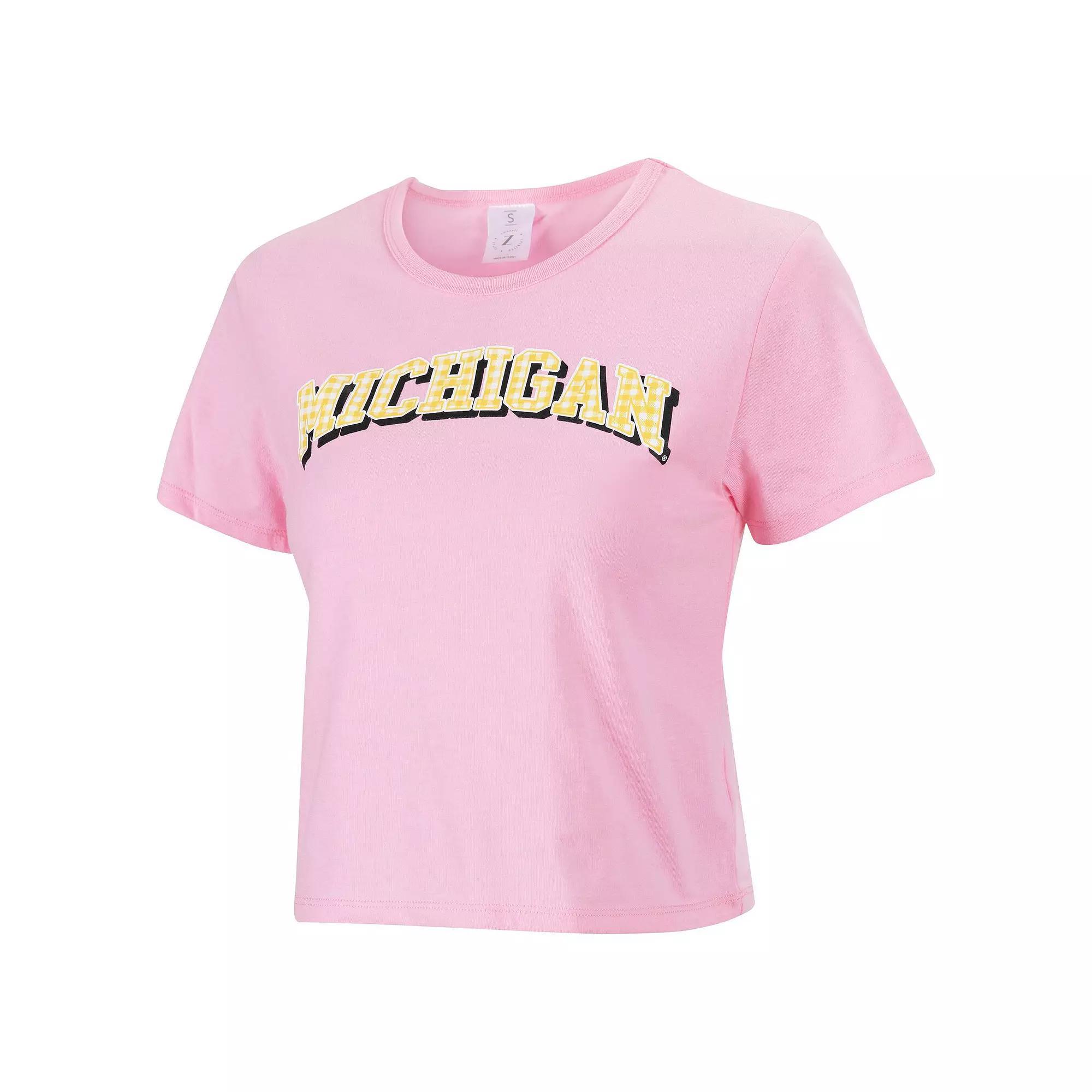 Women's ZooZatz Pink Michigan Wolverines Gingham Logo Cropped T-Shirt, Size: XL Product Image