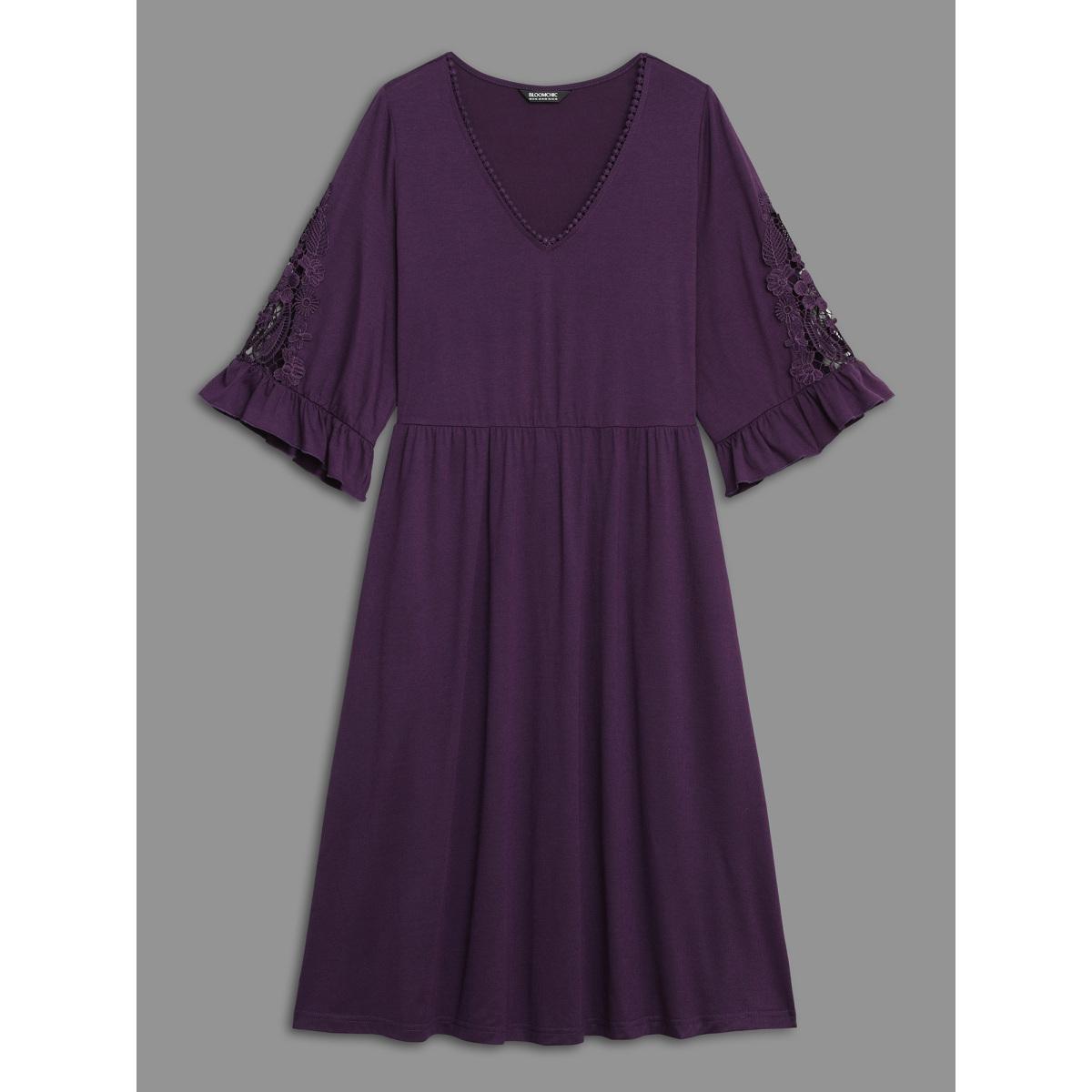 Plus Size V Neck Plain Crochet Lace Mesh Dress Deeppurple Women Elegant Woven ribbon&lace trim Knit Dresses Bloomchic 10/M Product Image
