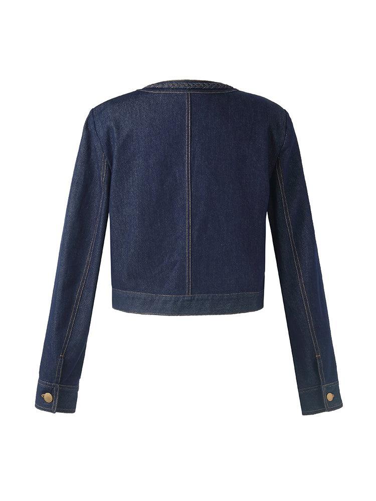 Round Neck Women Crop Denim Jacket Product Image
