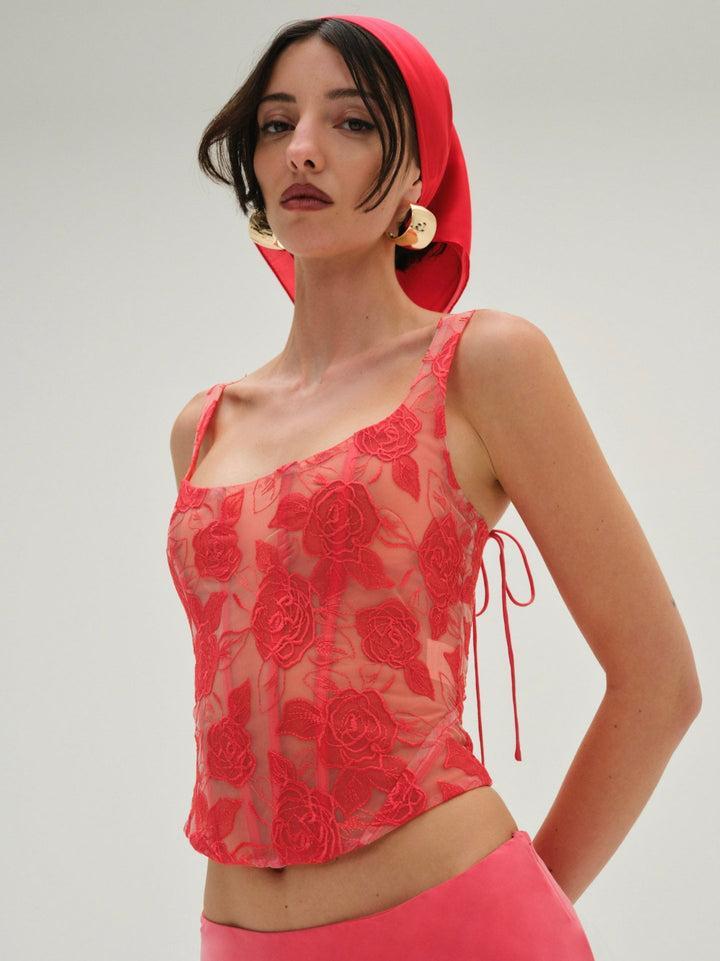 Embroidered Roses Corset Top — Red Product Image
