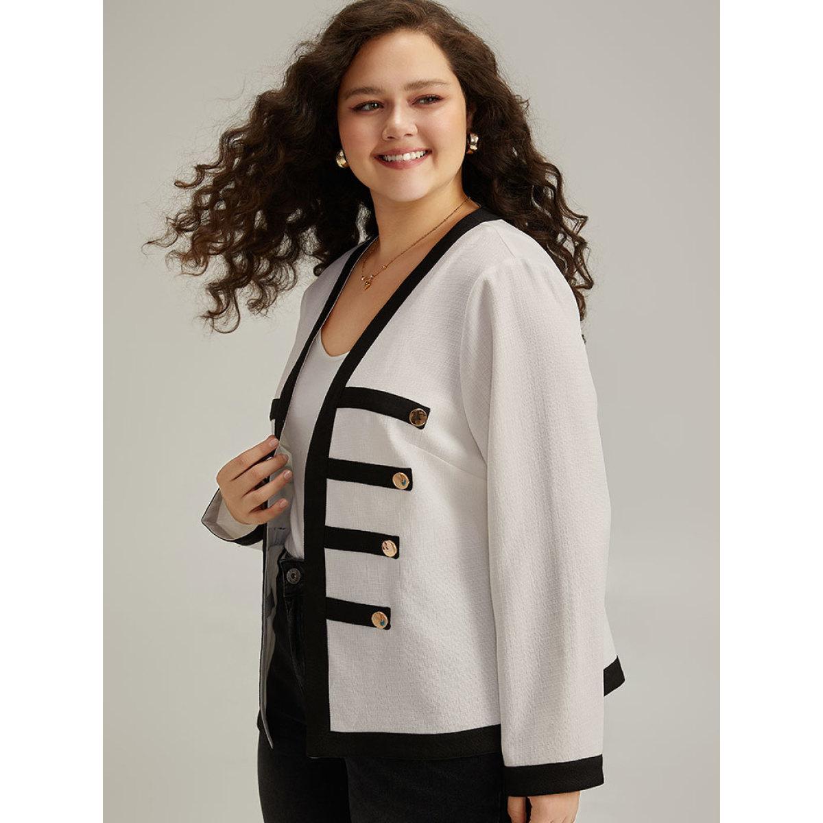 Plus Size Striped Patchwork Button Detail Contrast Jacket Women White Casual Contrast Ladies Dailywear Winter Coats BloomChic 10/M Product Image