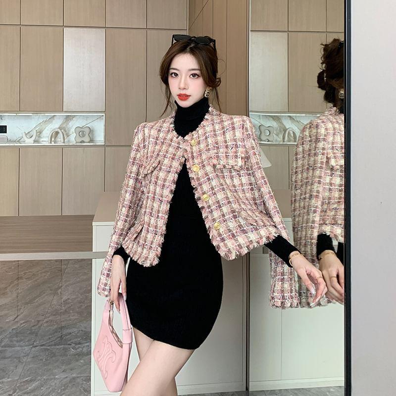 Crew Neck Frayed Button-Up Tweed Crop Jacket Product Image
