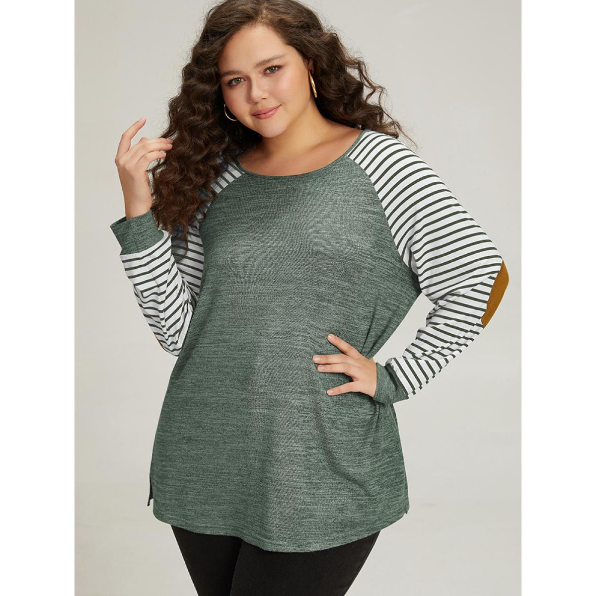 Plus Size Striped Raglan Sleeve Patched Split Side T-shirt Green Women Casual Contrast Striped Round Neck Dailywear T-shirts BloomChic 14-16/1X Product Image