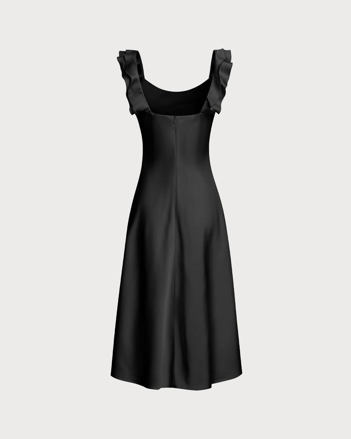 Black Ruffle Square Neck Slip Midi Dress Product Image
