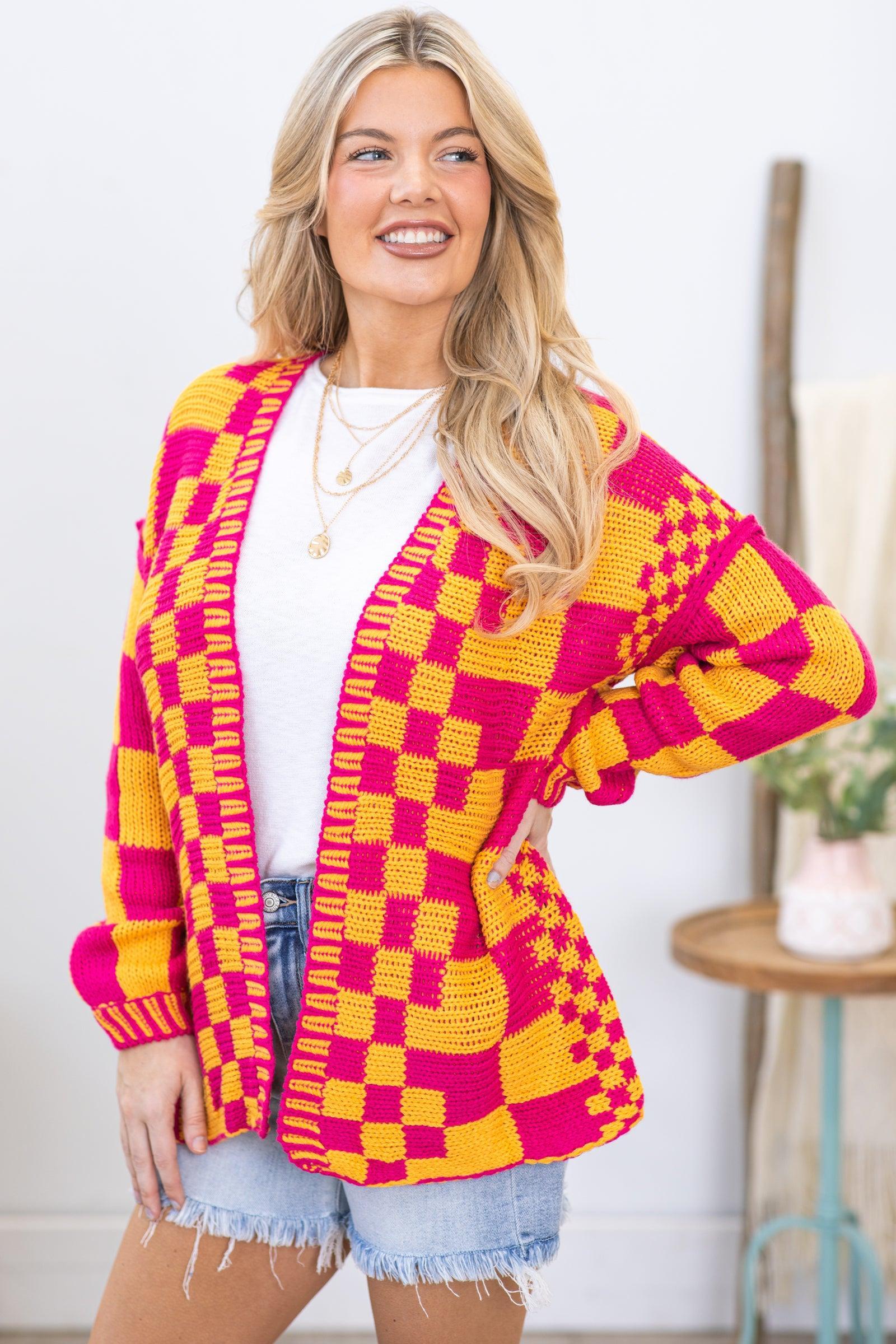 Pink and Orange Checkerboard Knitted Cardigan Product Image