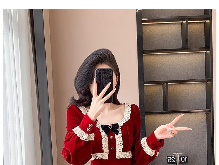 Long Sleeve Scoop Neck Lace Ruffle Trim Velvet Mini A-Line Dress Product Image
