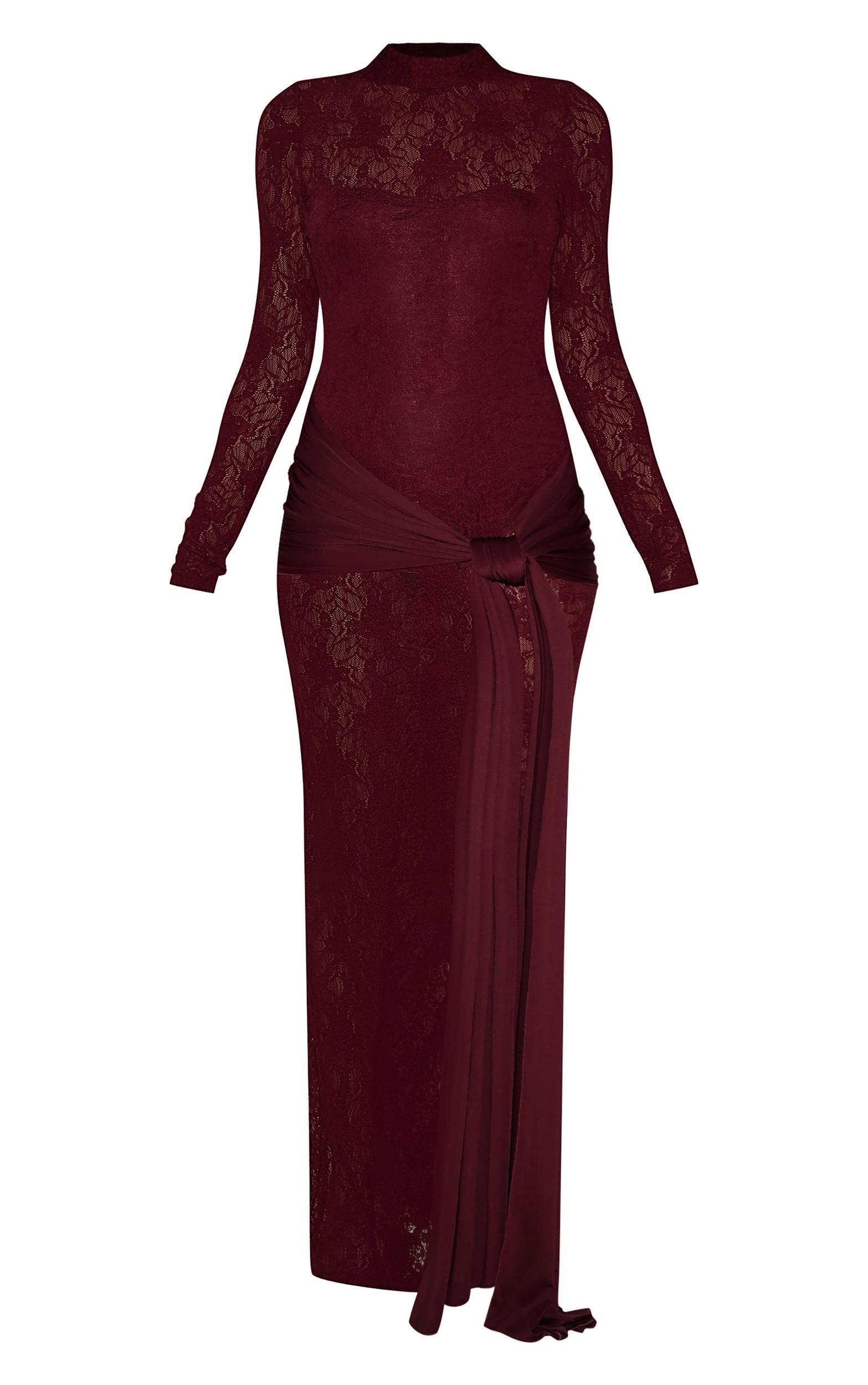 Burgundy Long Sleeve Lace Wrap Detail Maxi Dress Product Image