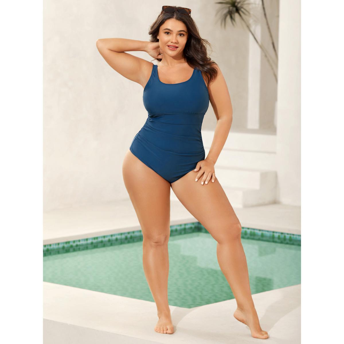 Plus Size Ruched Solid One-Piece Swimsuit Women's Swimwear Aegean Beach Gathered Curve Bathing Suits High stretch One Pieces BloomChic 26/4X Product Image