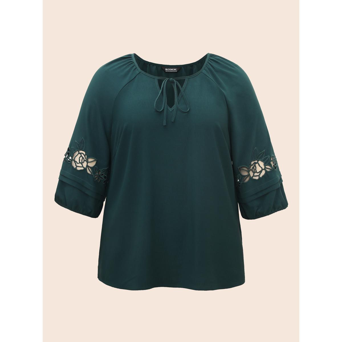 Plus Size DarkGreen Broderie Anglaise Gathered Tie Knot Blouse Women Elegant Elbow-length sleeve V-neck Everyday Blouses BloomChic 30/6X Product Image