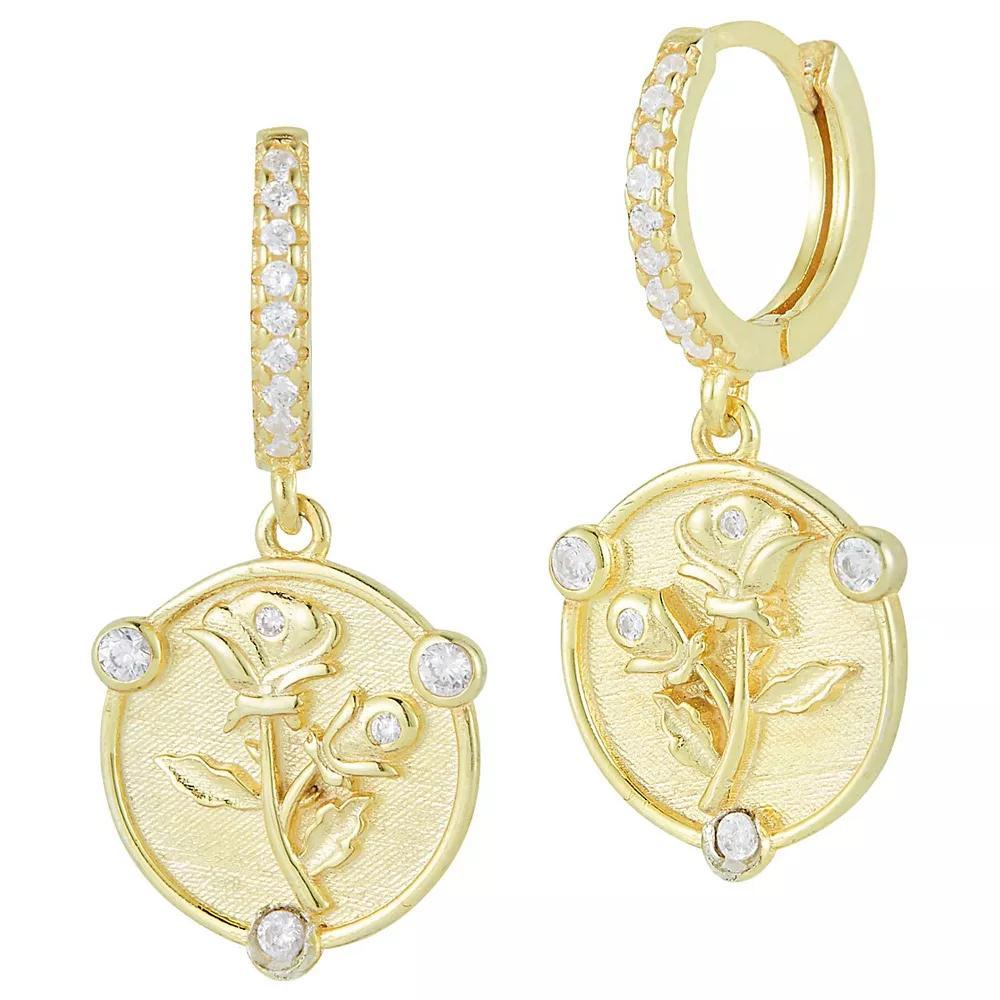 Sunkissed Sterling 14k Gold Over Silver Cubic Zirconia Flower Charm Huggie Hoop Earrings, Women's, Gold Tone Product Image