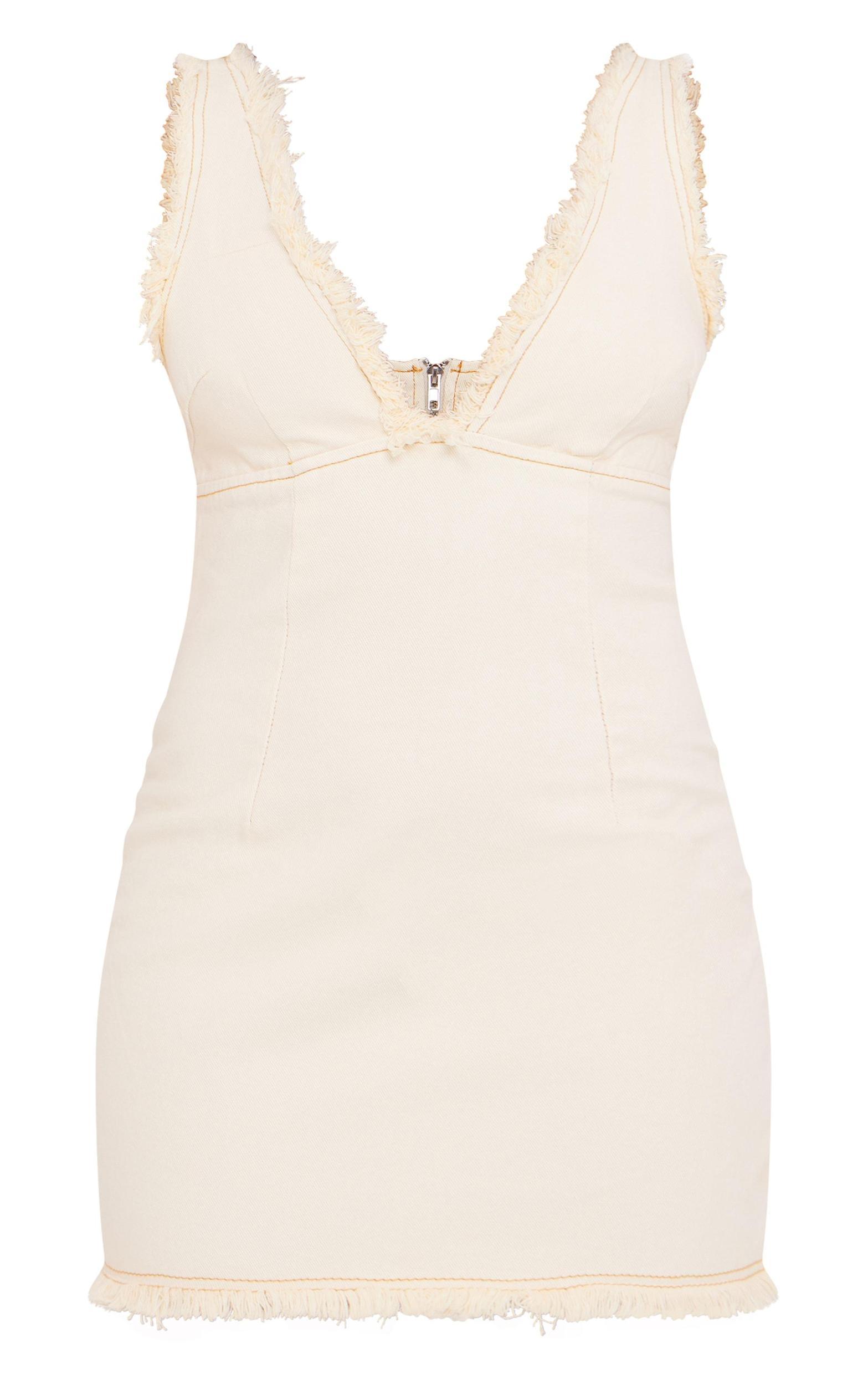 Ecru Raw Edge Detail Plunge Denim Mini Dress Product Image