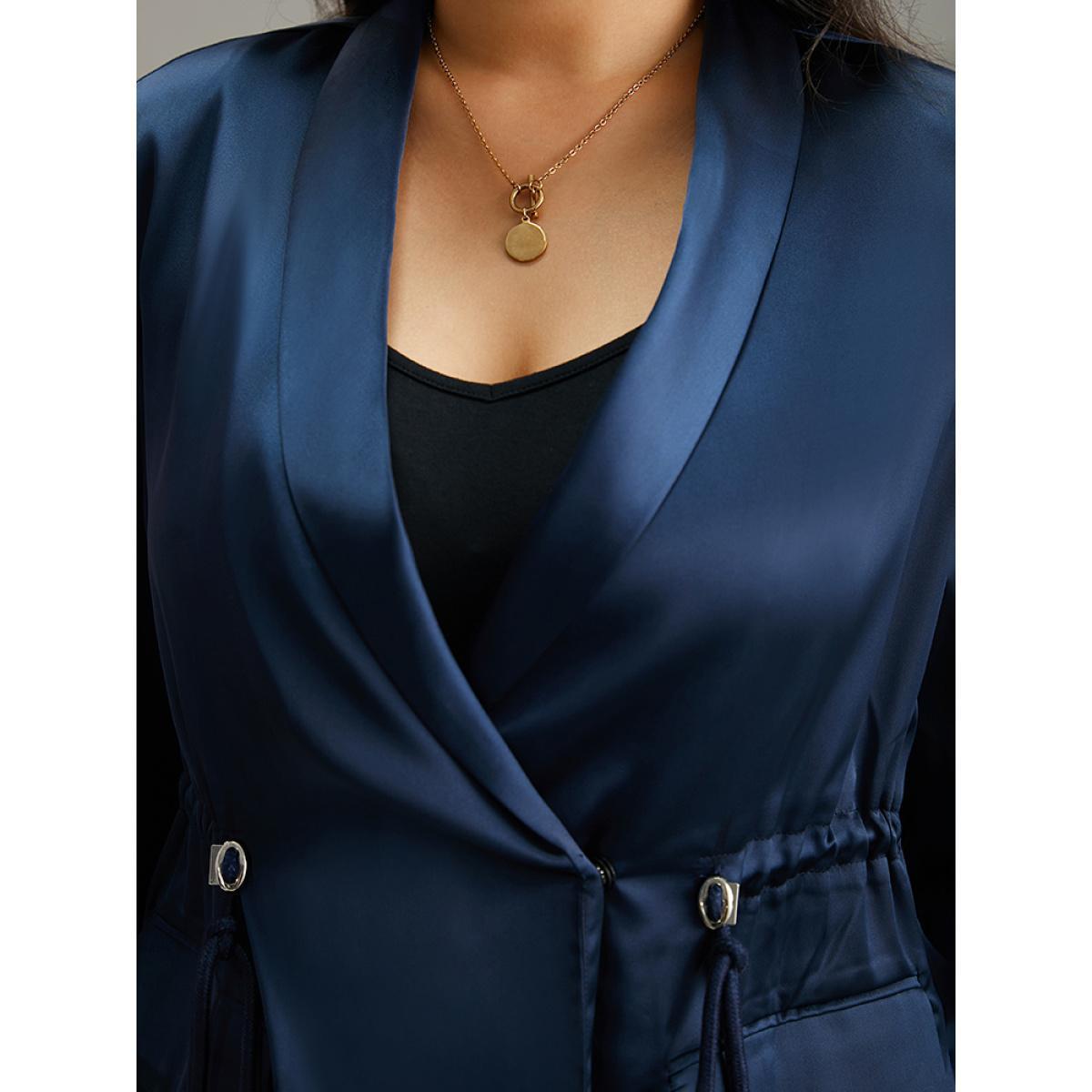 Plus Size Suit Collar Flap Pocket Drawstring Ties Blazer DarkBlue Women Work Plain Plain Sleeve Long Sleeve Suit Collar 12/L Pocket Work From Home Blazers BloomChic Product Image