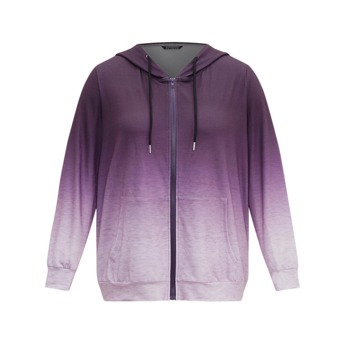 Plus Size Ombre Hooded Zipper Drawstring Sweatshirt Women Purple Casual Zipper Hooded Everyday Sweatshirts BloomChic 14-16/1X Product Image