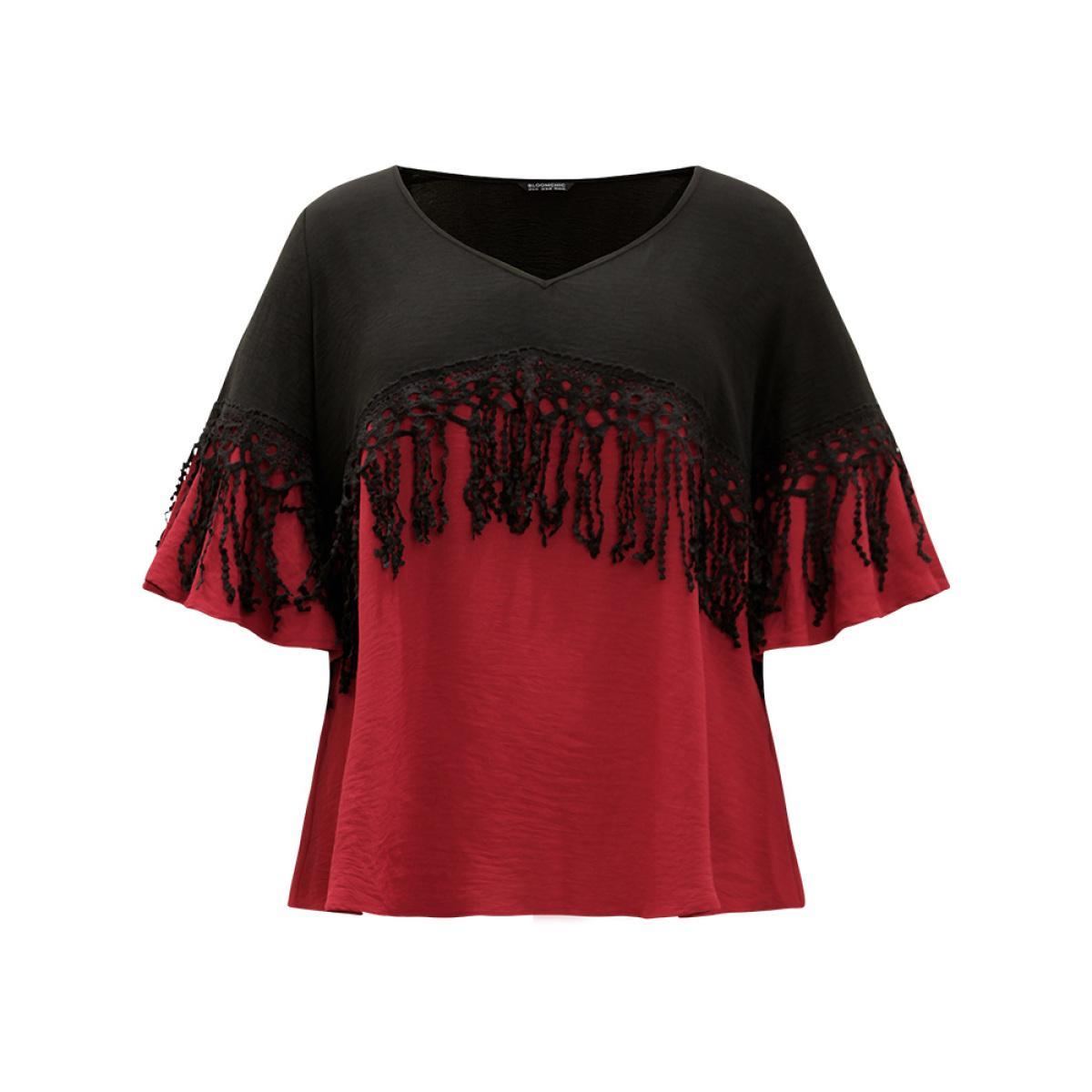 Plus Size Black Halloween Two Tone Fringe Trim Patchwork Blouse Women Elegant Short sleeve V-neck Festival-Halloween Blouses BloomChic 10/M Product Image