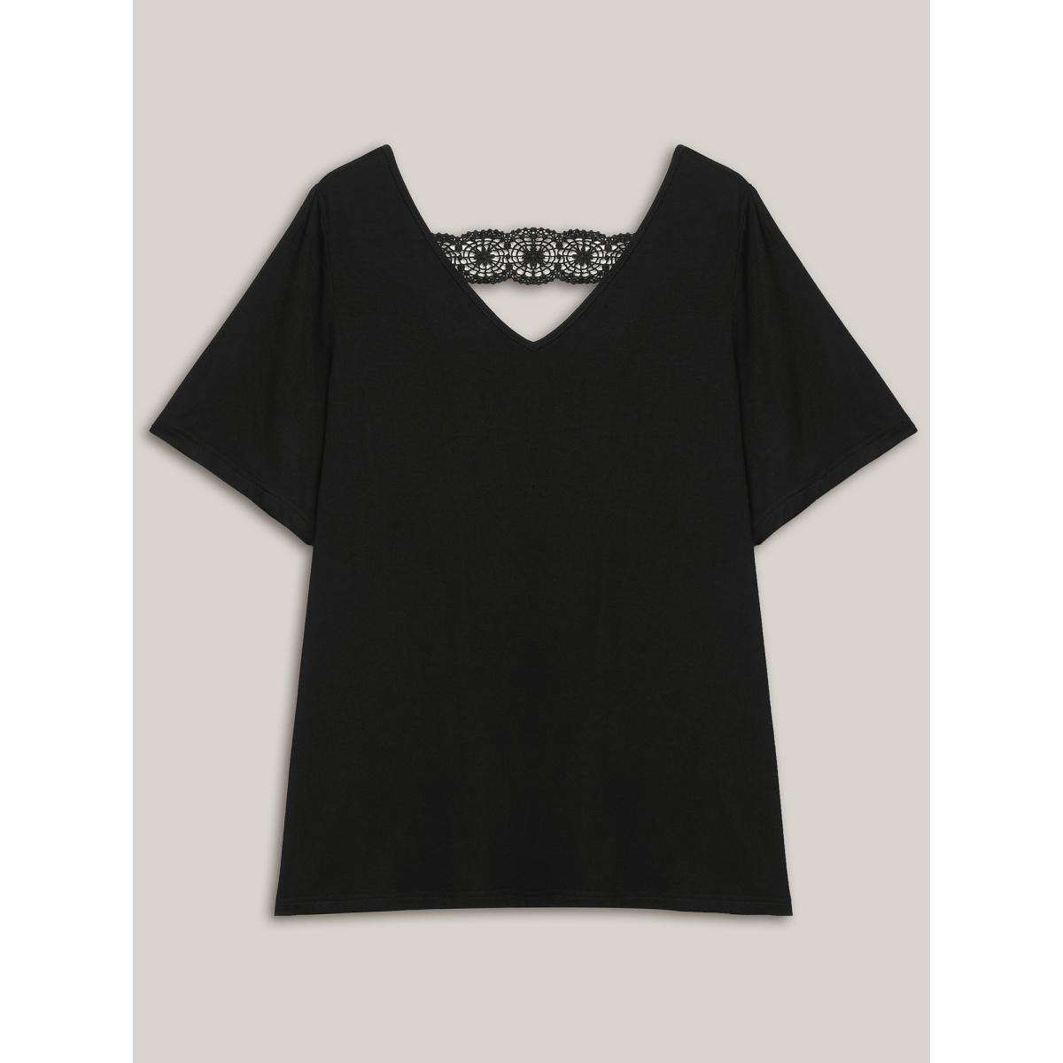 Plus Size Back Lace Cut-Out V-Neck T-Shirt Black Women Elegant Patchwork V-neck Everyday T-shirts BloomChic 14-16/1X Product Image