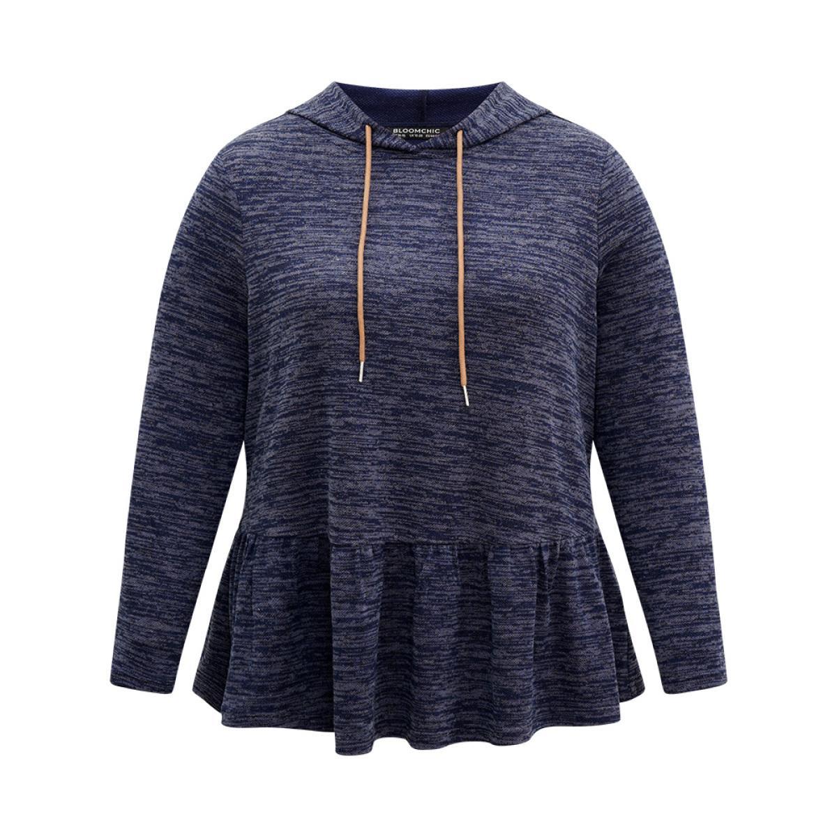 Plus Size Solid Heather Hooded Flutter Hem Gathered Sweatshirt Women DarkBlue Casual Contrast Hooded Dailywear Sweatshirts BloomChic 18-20/2X Product Image