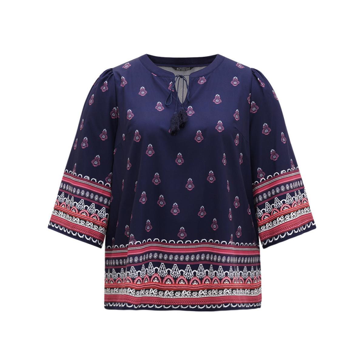 Plus Size Indigo Boho Print Tie Neck Tassel Trim Blouse Women Vacation Elbow-length sleeve V-neck Vacation Blouses BloomChic 18-20/2X Product Image