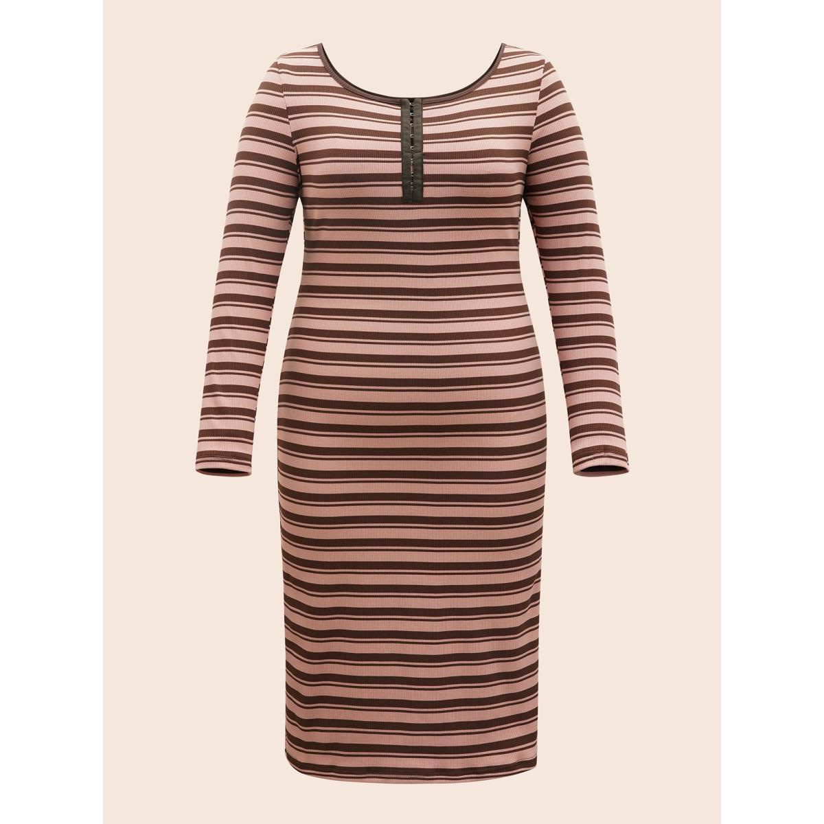 Plus Size U Neck Striped Pit Strip Dress DustyPink Women Casual Texture U-neck Long Sleeve Curvy BloomChic 28/5X Product Image