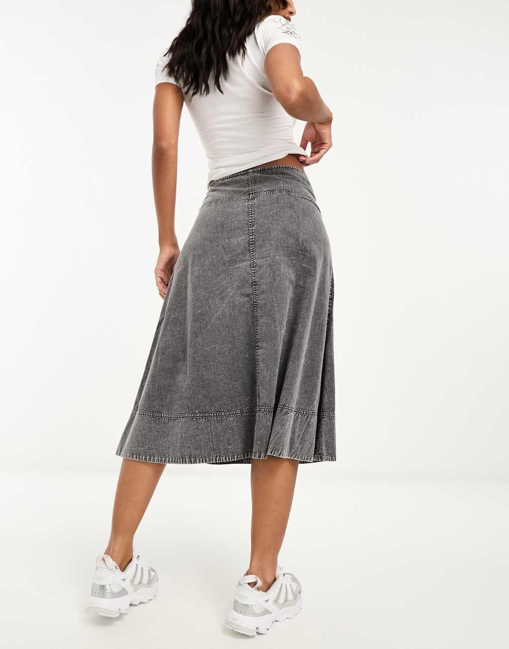 Reclaimed Vintage wash twill skirt with buckle detail-Blue Product Image
