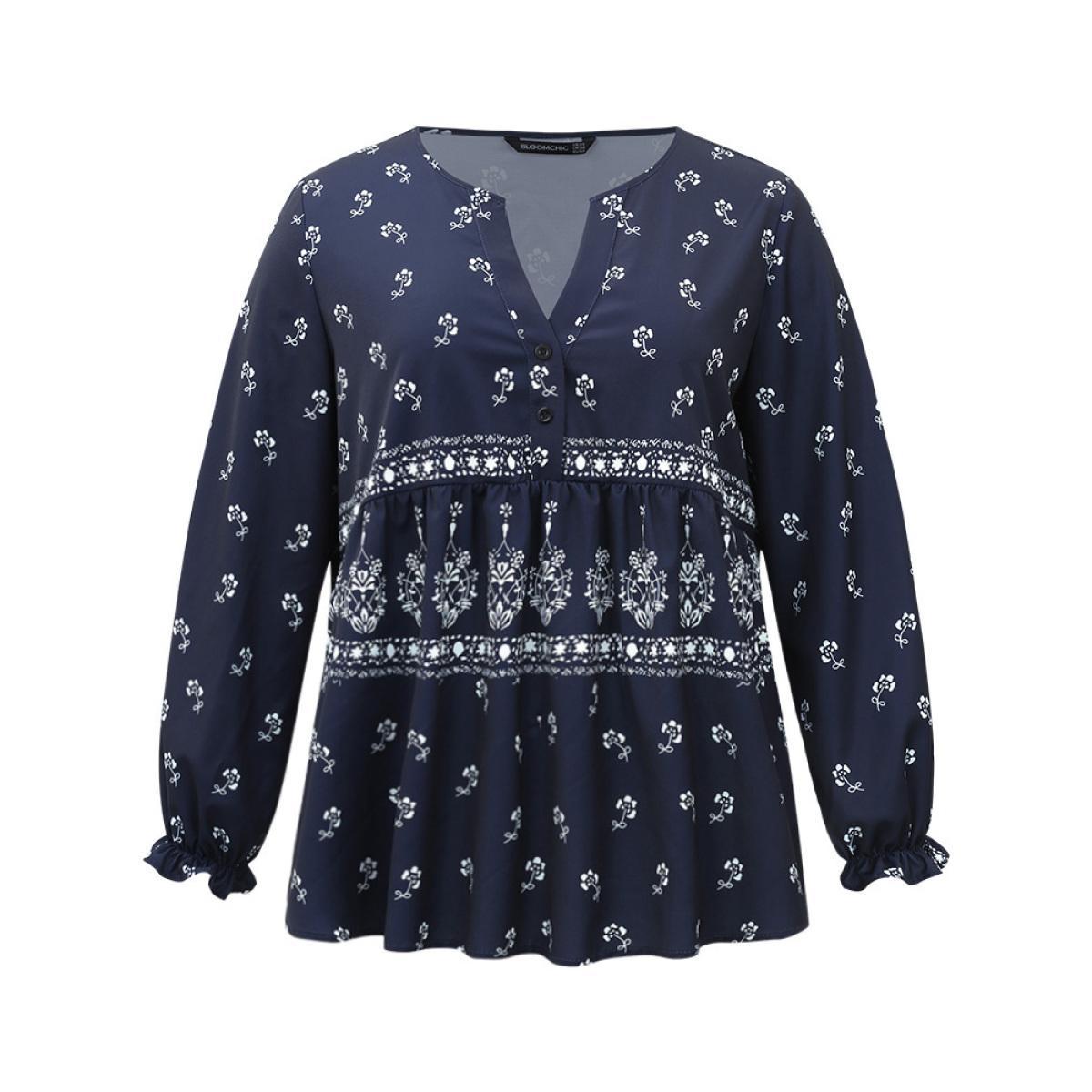 Plus Size Indigo Bandana Print Flutter Trim Blouse Women Resort Long Sleeve V-neck Vacation Blouses BloomChic 22-24/3X Product Image