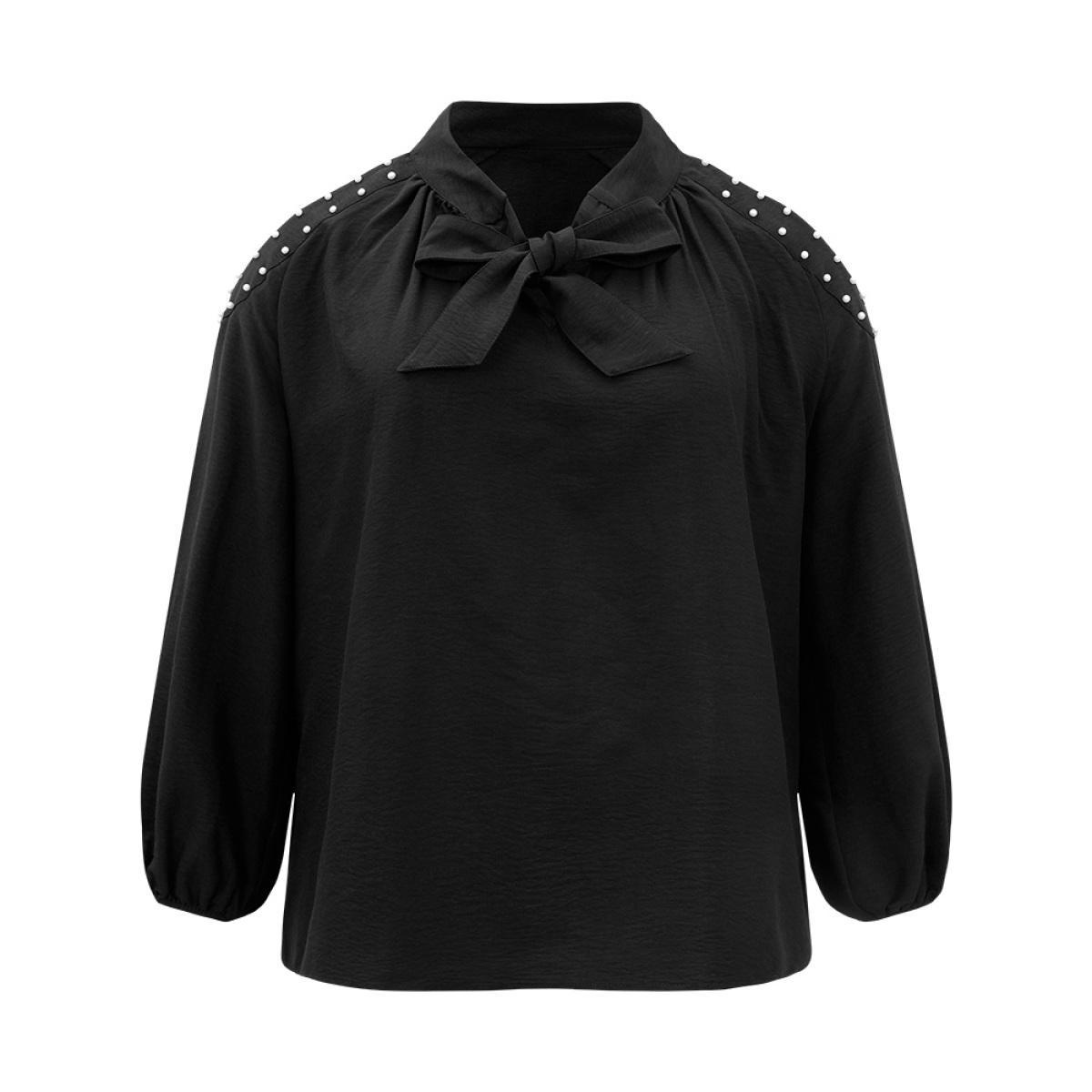 Plus Size Black Pearl Beaded Cold Shoulder Keyhole Bowknot Blouse Women Glamour Long Sleeve Cold Shoulder Going out Blouses BloomChic 22-24/3X Product Image