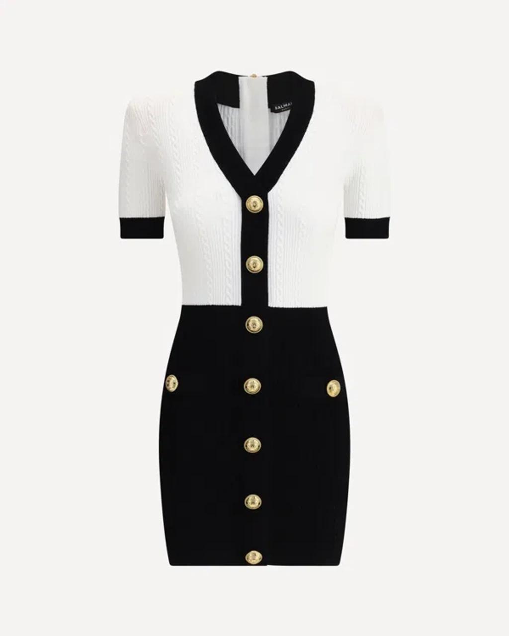 BALMAIN V-neck Buttoned Strong-shoulder Torsade Knit Mini Dress In White Product Image