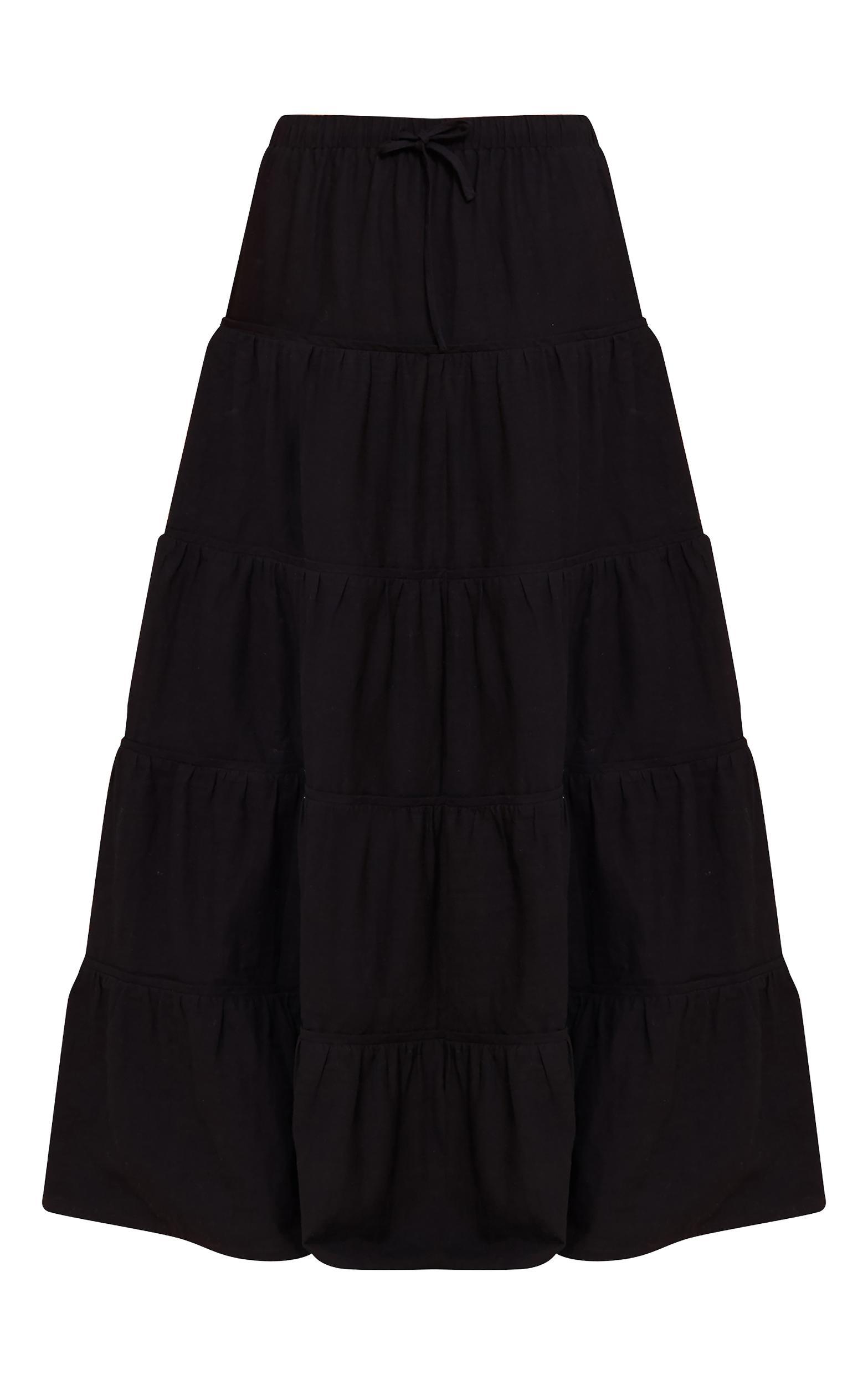 Black Cotton Tiered Drawstring Waist Maxi Skirt Product Image