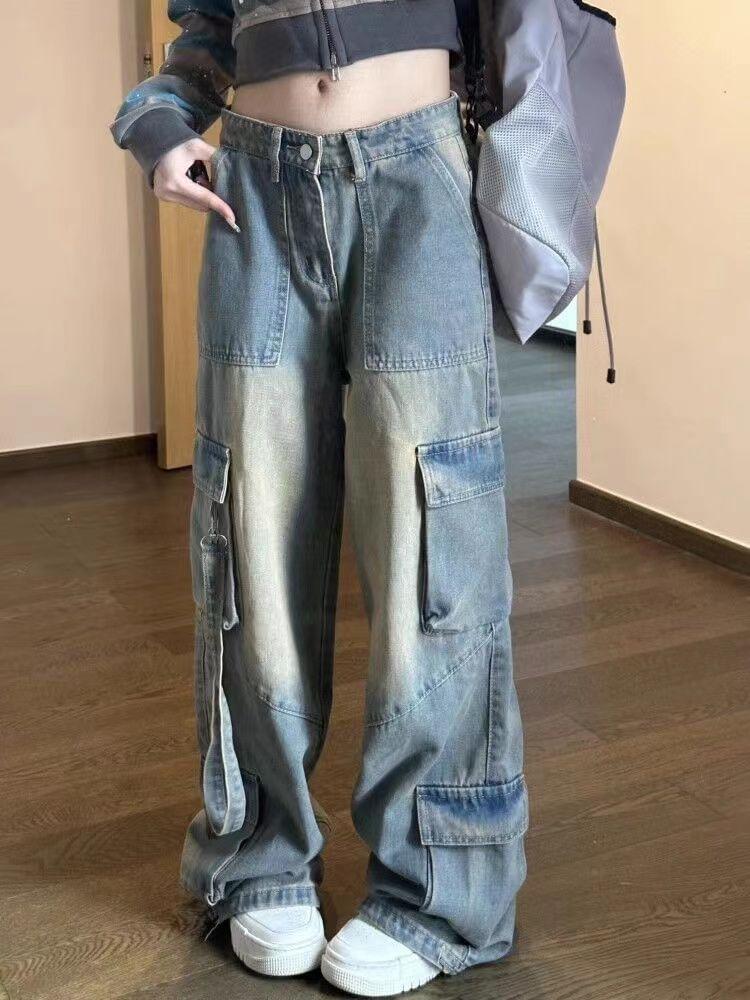 Mid Rise Washed Wide Leg Cargo Jeans Product Image