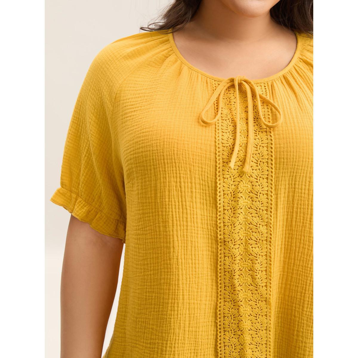 Plus Size Turmeric Pure Cotton Lace Placket Tied Blouse Women Short sleeve Round Neck Everyday-Casual Blouses BloomChic 18-20/2X Product Image