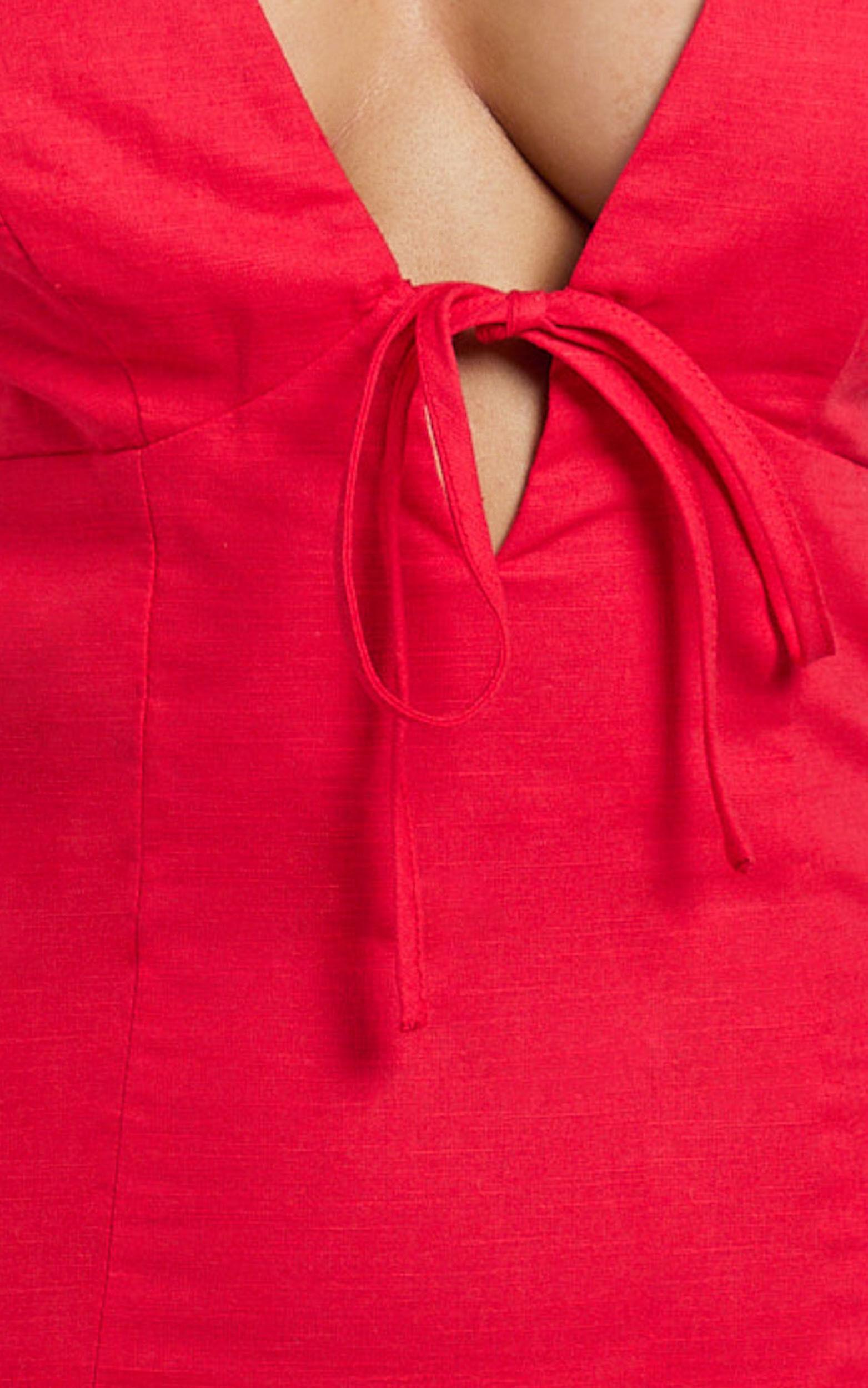 Lyla Midi Dress - Tie Front Plunge Halter Linen Blend Dress in Red Product Image