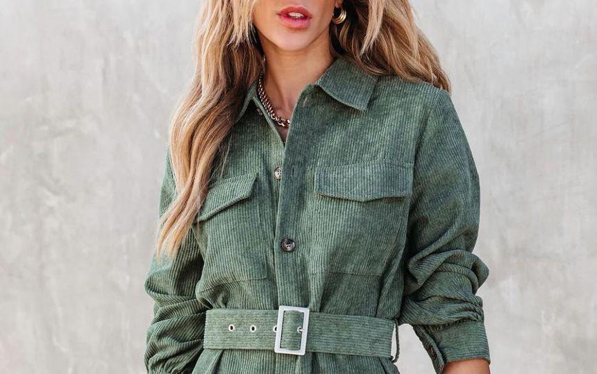 Long-Sleeve Plain Belted Corduroy Mini Shirt Dress Product Image