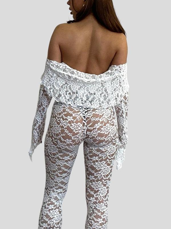 Lace Off Shoulder Long Sleeve Tee & Flared Pants Set Product Image