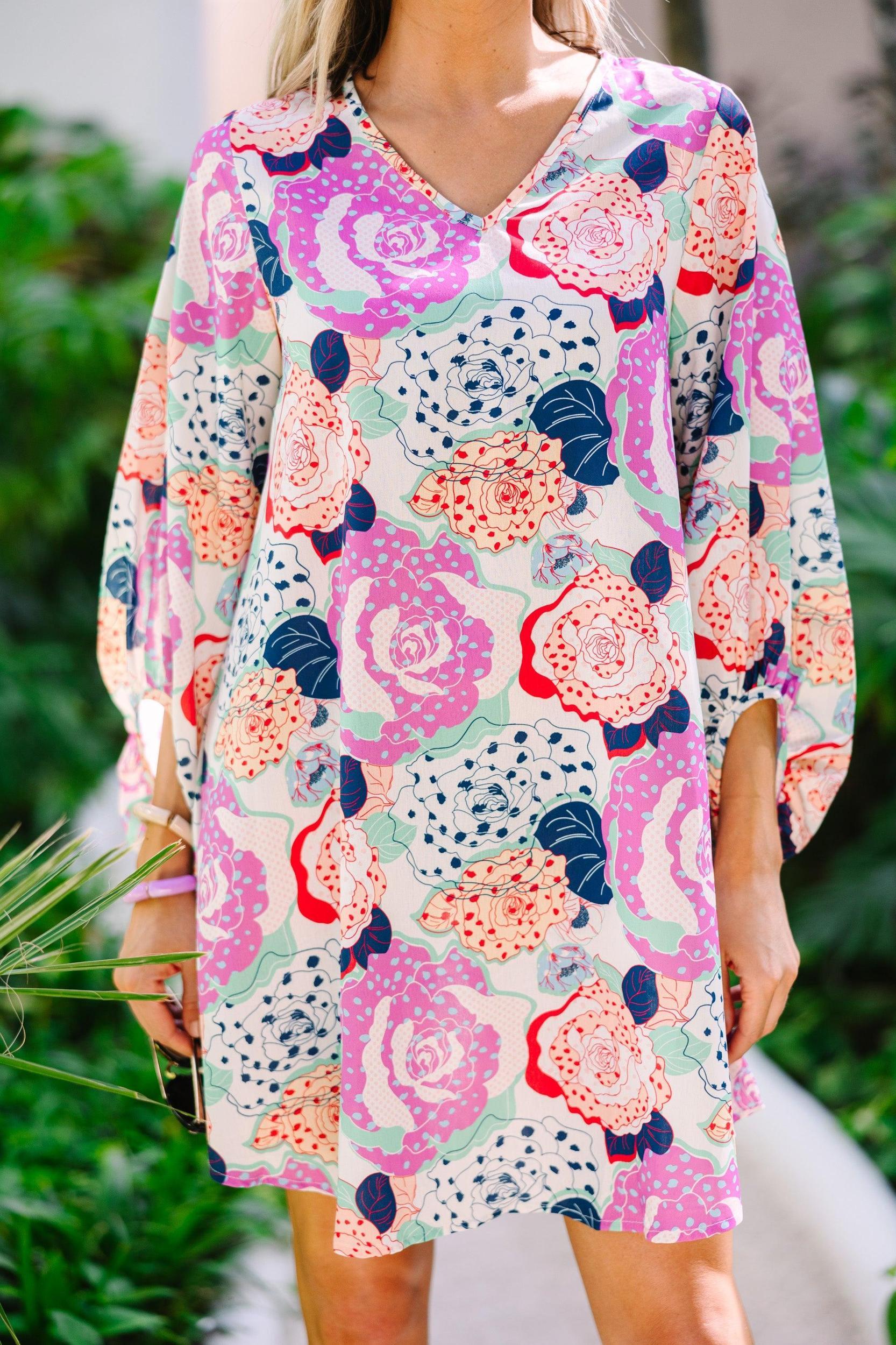 Clear Love White Floral Bubble Sleeve Dress Female Product Image