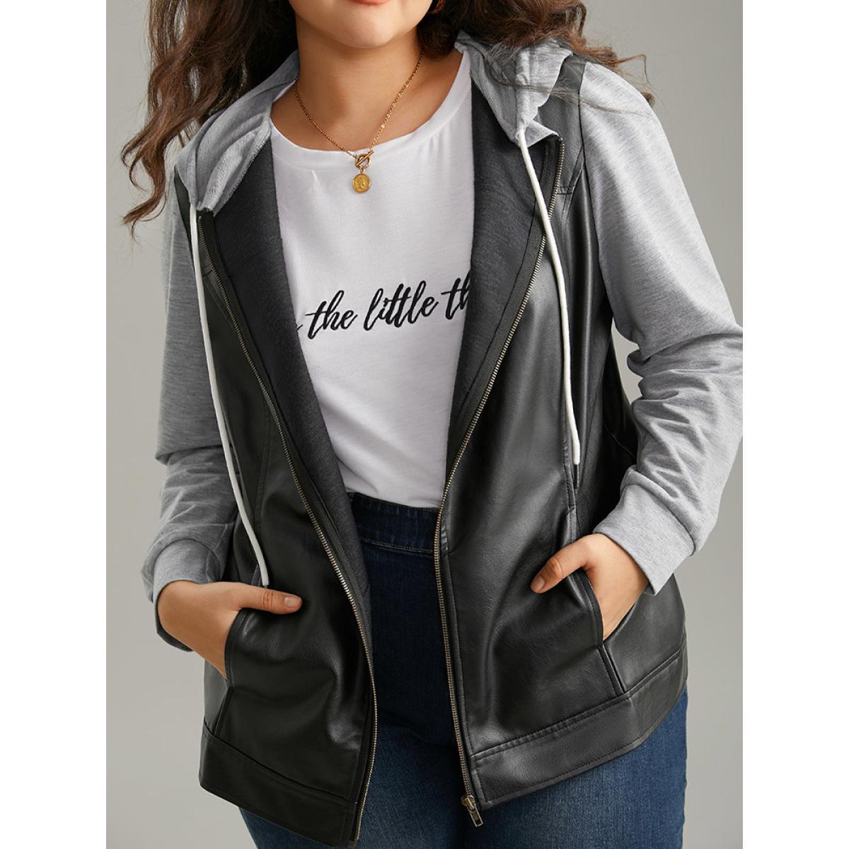 Plus Size PU Leather Zipper Hooded Drawstring Jacket Women Black Contrast Pocket Everyday Jackets BloomChic 28/5X Product Image
