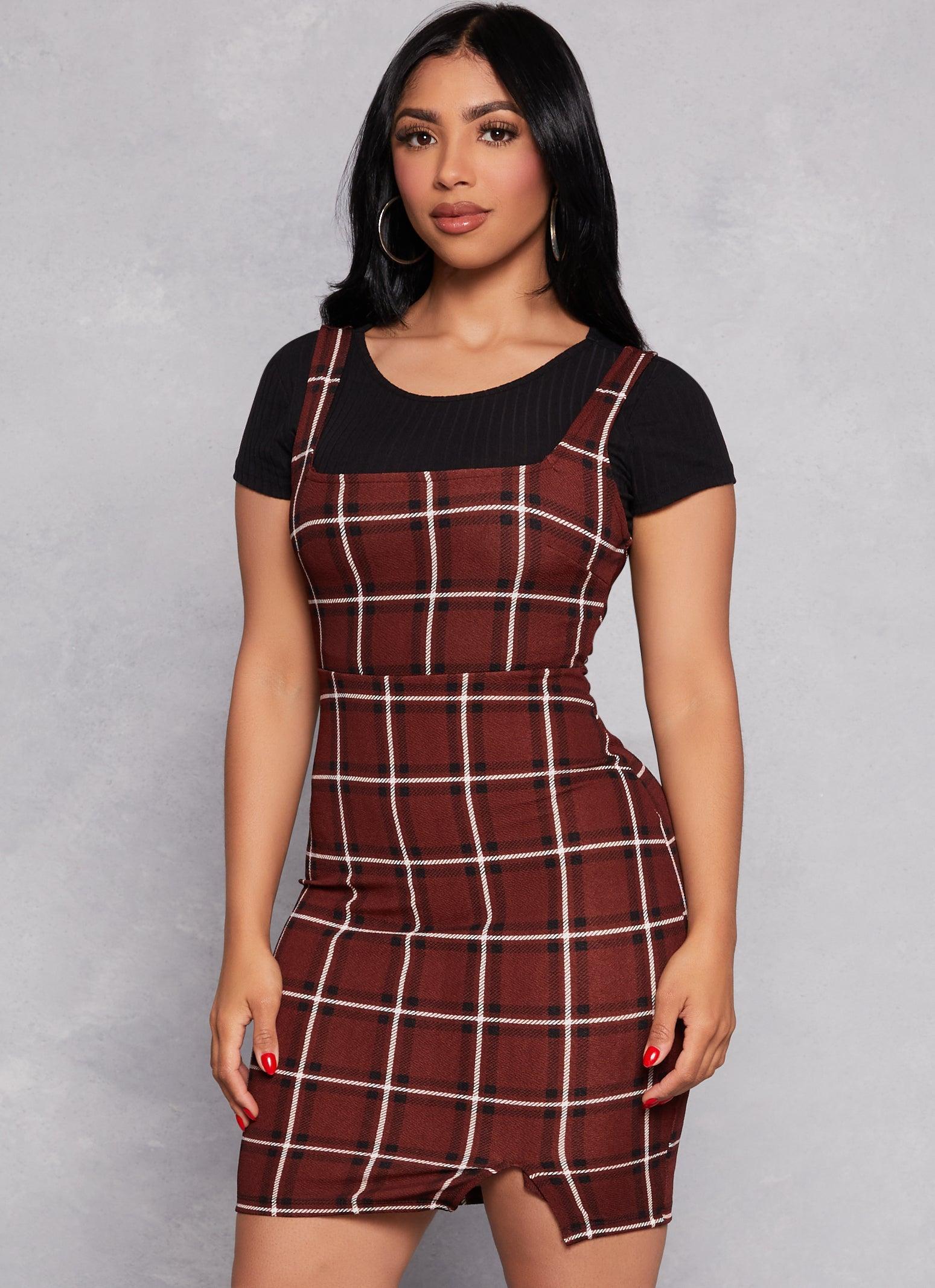 Womens Almost Famous Plaid Tank Dress with Tee Product Image