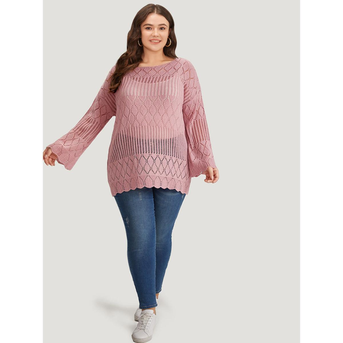 Plus Size Supersoft Essentials Hollow Out Split Side Bell Sleeve Pullover Watermelon Women Casual Loose Long Sleeve Round Neck Everyday Pullovers BloomChic 28/5X Product Image