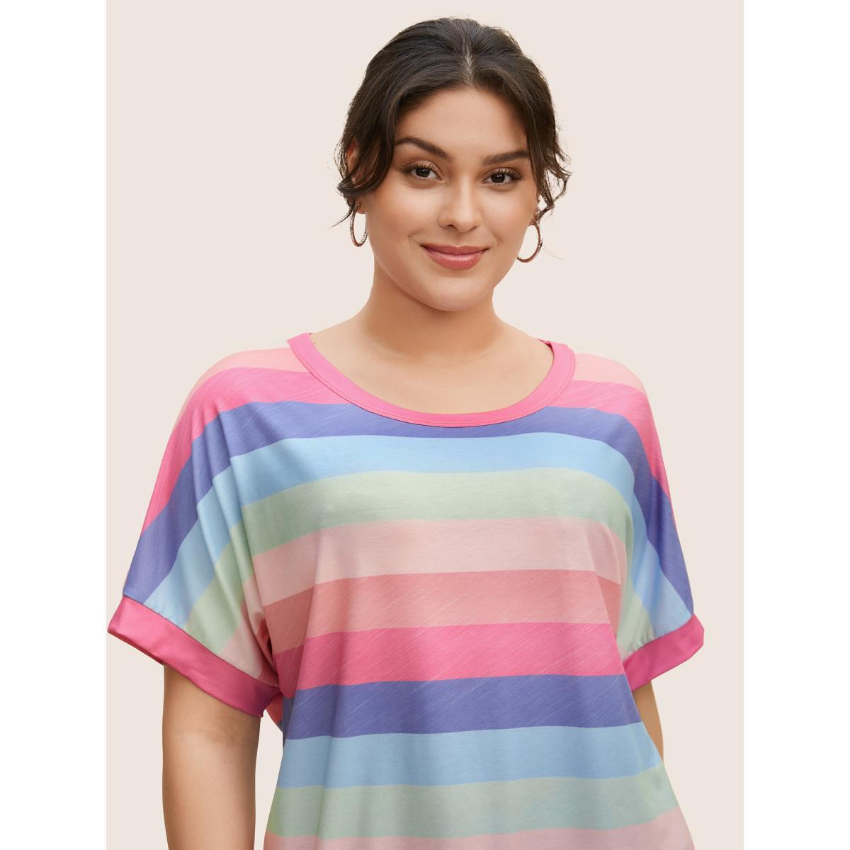 Plus Size Colored Striped Crew Neck Batwing Sleeve T-shirt Crepe Women Casual Contrast Round Neck Everyday T-shirts BloomChic 12/L Product Image