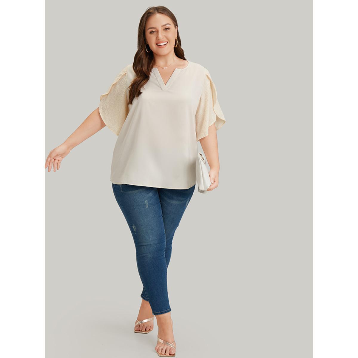 Plus Size Ivory Anti-Wrinkle Solid Patchwork Petal Sleeve Notched Blouse Women Office Half Sleeve Notched collar Work Blouses BloomChic 12/L Product Image