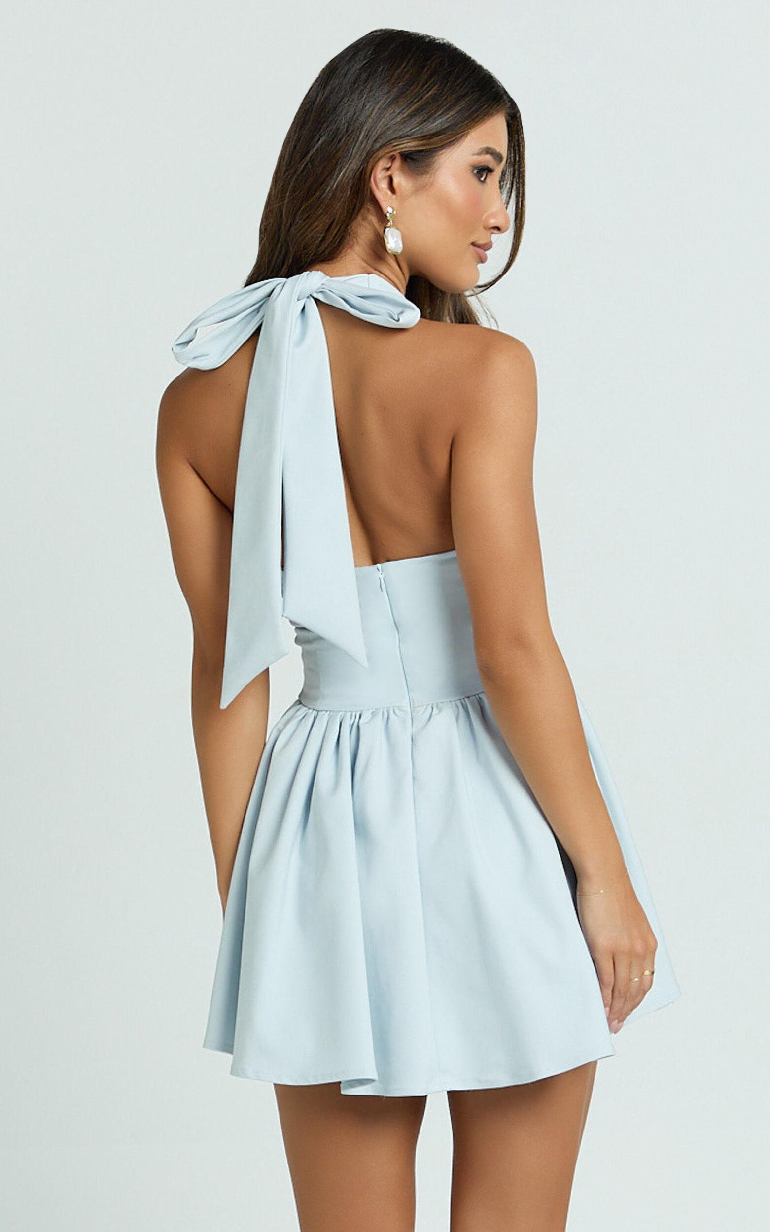 Helda Mini Dress - Halter Tie Neck Corset Panel Dress in Blue Product Image