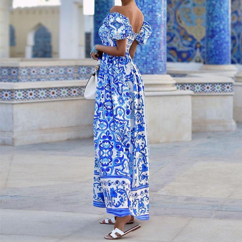 Off Shoulder Print Maxi A-Line Dress Product Image