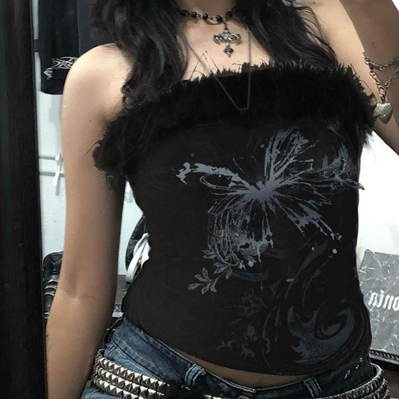 Furry-Trim Butterfly Print Tube Top Product Image