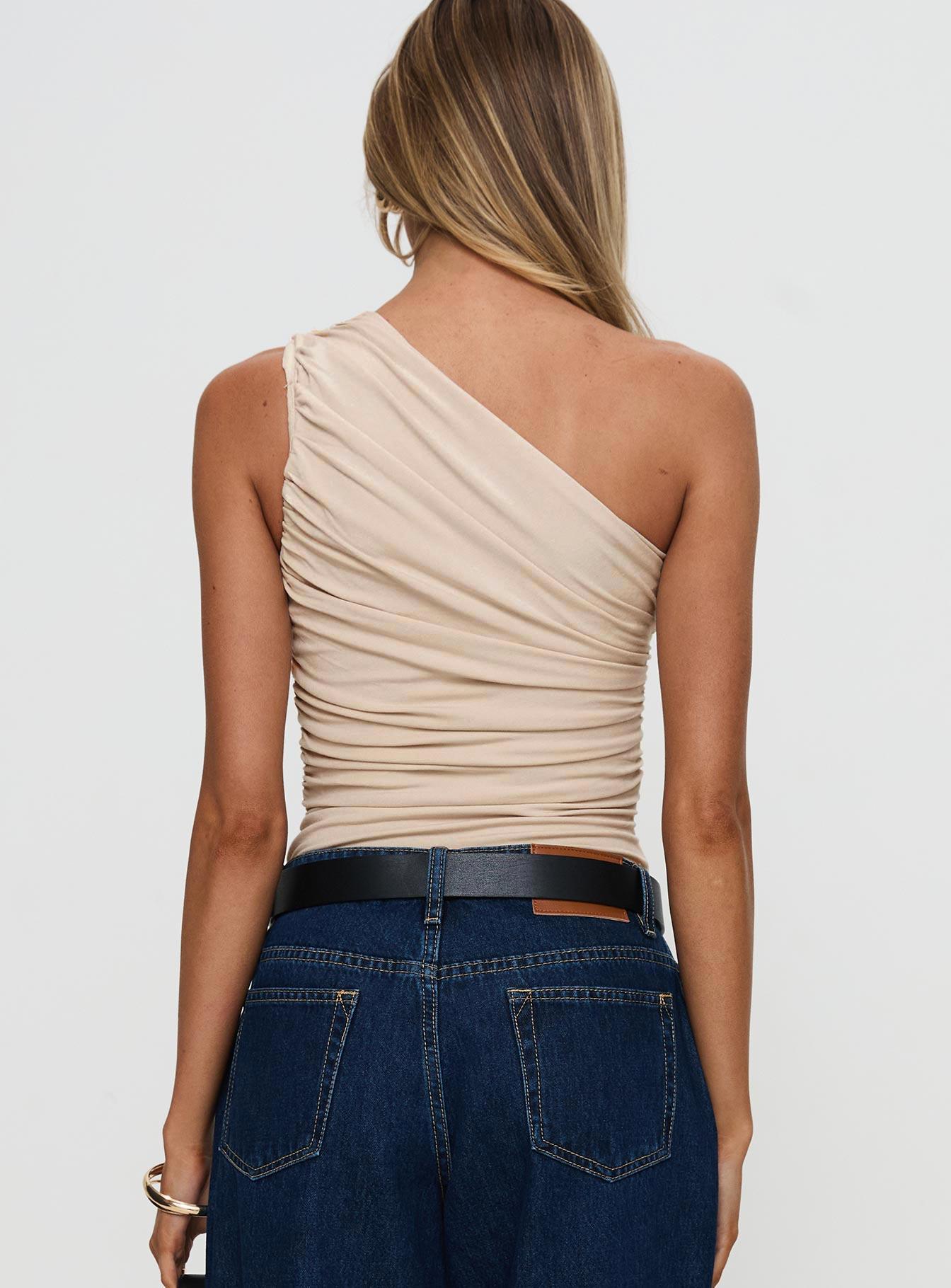 Heston Asymmetrical Ruched Bodysuit Beige Product Image