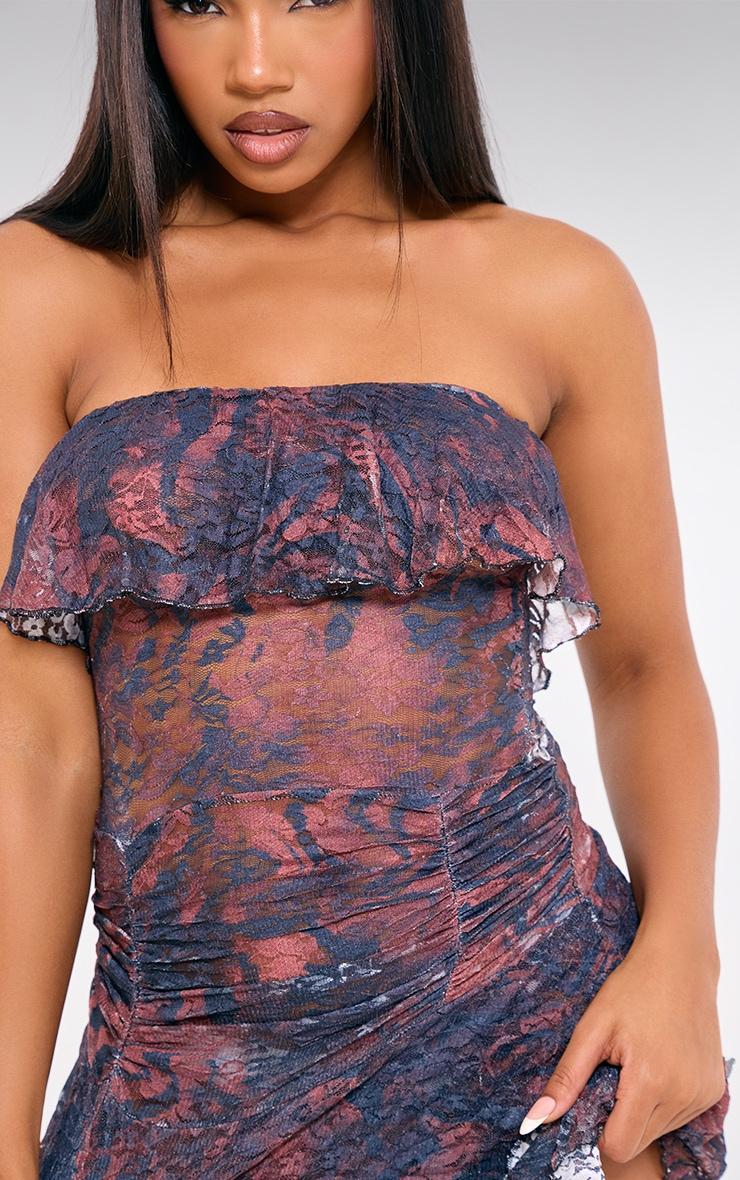 Dark Purple Print Crinkle Mesh Bandeau Ruffle Detail Mini Dress Product Image