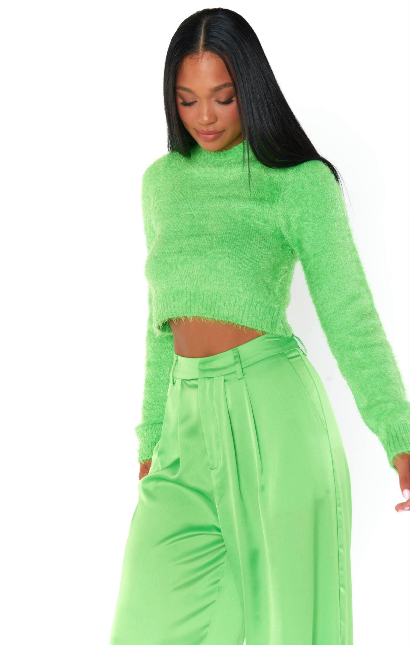 Cropped Varsity Sweater ~ Bright Green Fuzzy Knit Female Product Image