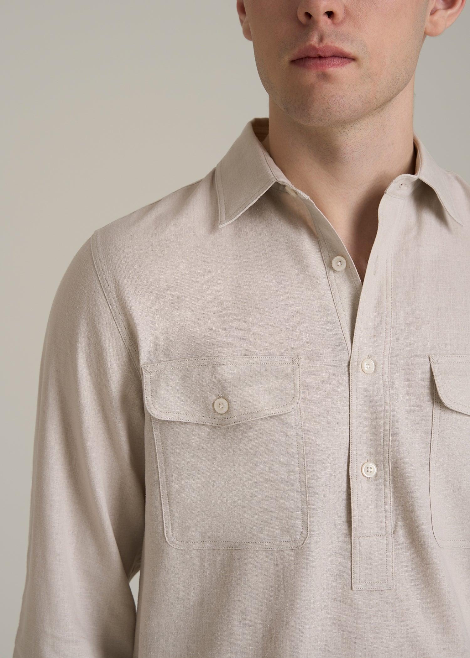 Linen Popover Shirt for Tall Men in Light Taupe Product Image