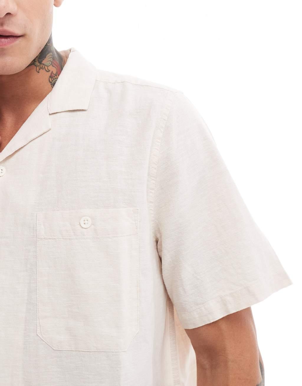 ASOS DESIGN boxy relaxed linen mix shirt with camp collar in ecru Product Image