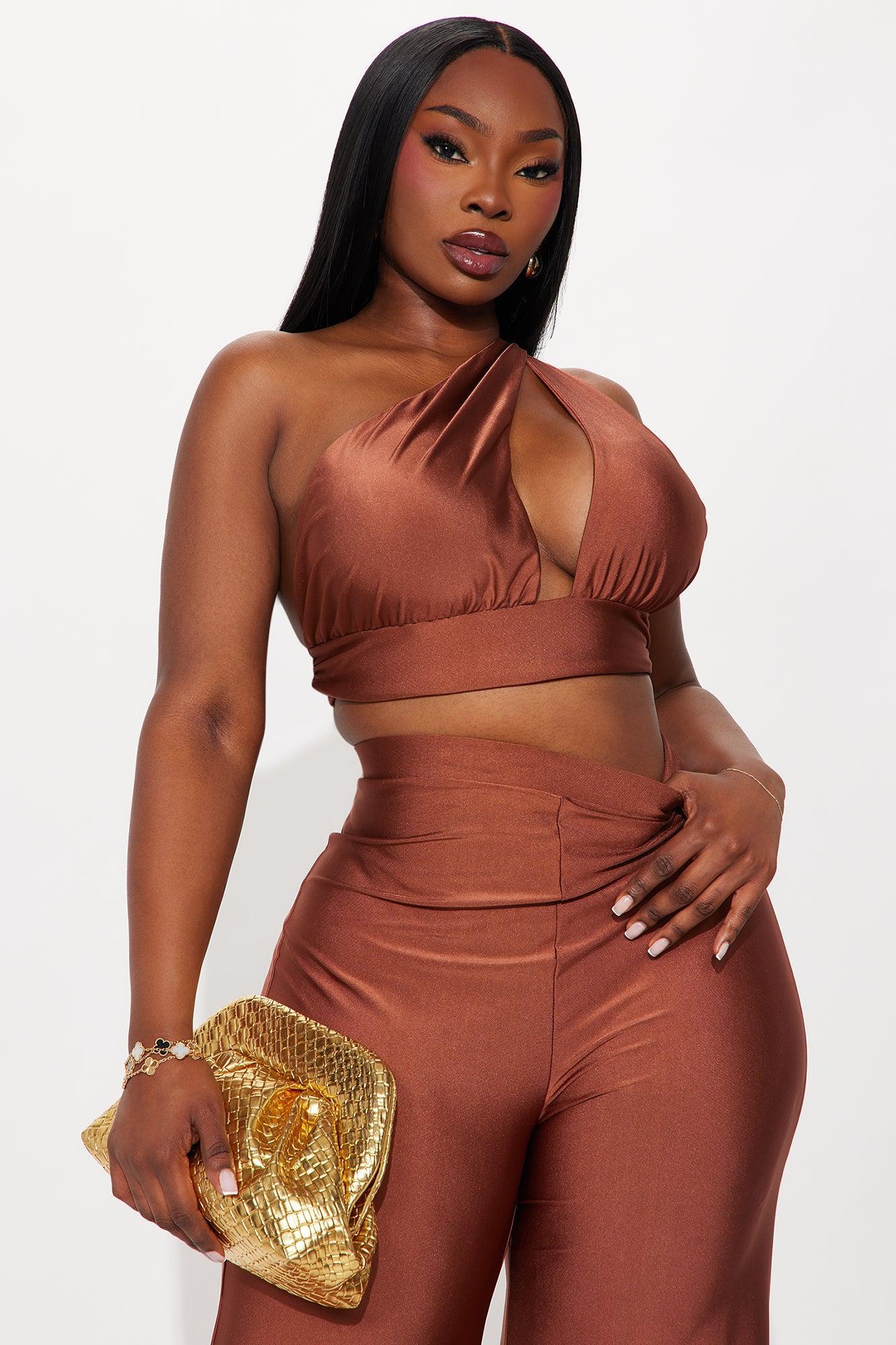 Sasha One Shoulder Wide Leg Pant Set - Brown Product Image