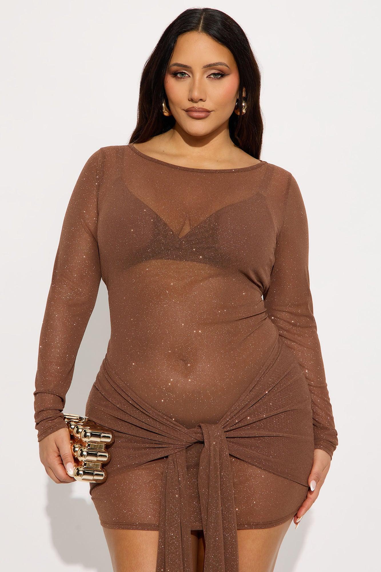 Yasmeen Sheer Glitter Mesh Mini Dress - Chocolate Product Image